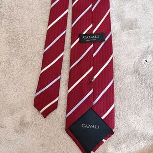 Canali Burgundy Tie with White and Blue Stripes